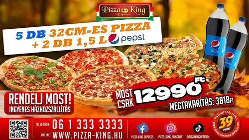 Pizza King 11 - 5 db normál pizza 2db 1,5l Pepsivel - Szuper ajánlat - Online rendelés